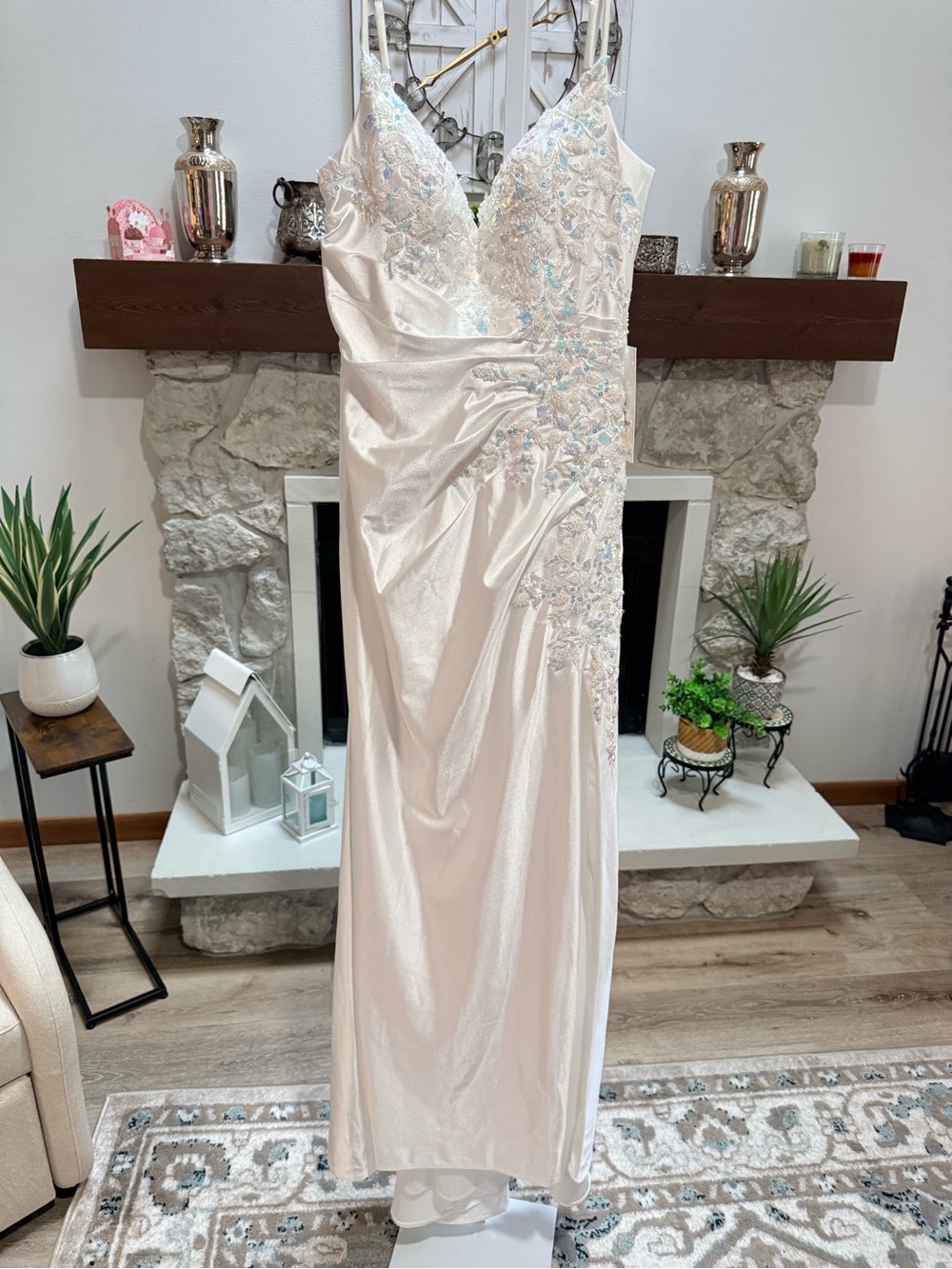 Size 8 Elegant White Beaded Evening Gown